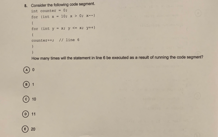 Which of the following code segments produces the output 987654321